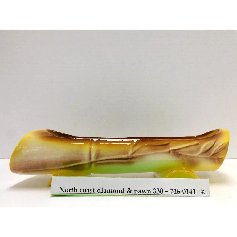 Vintage Ceramic Log Planter Faux Wood Bark Trough Vase Yellow Brown Rustic DW764